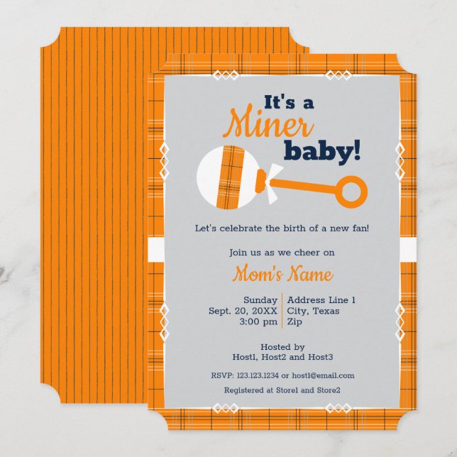 Orange Plaid Rattle Miner Baby Shower Invitation (Front/Back)