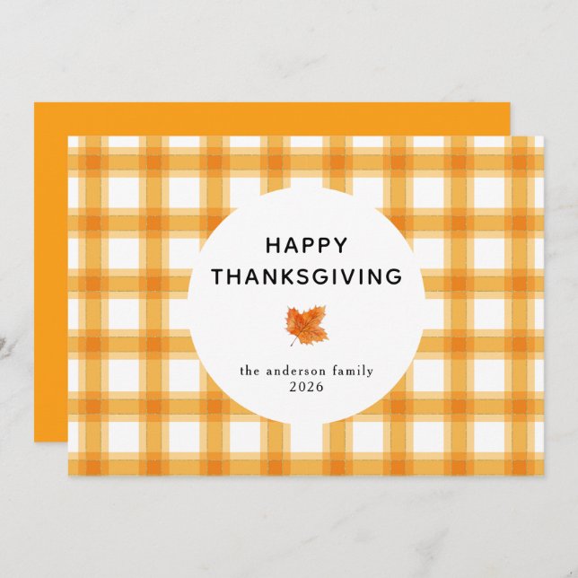  Orange Plaid Simple Happy Thanksgiving Autumn Holiday Card (Front/Back)
