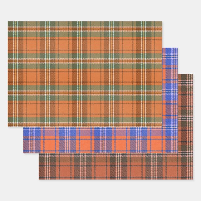 Orange Plaid Tartan Mix  Wrapping Paper Sheet (Set)