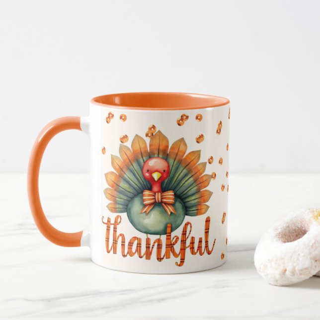 Orange Plaid Thankful Cute Turkey Thanksgiving Mug (With Donut)