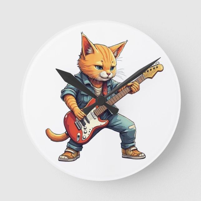 Orange Playing Guitar Round Clock (Front)