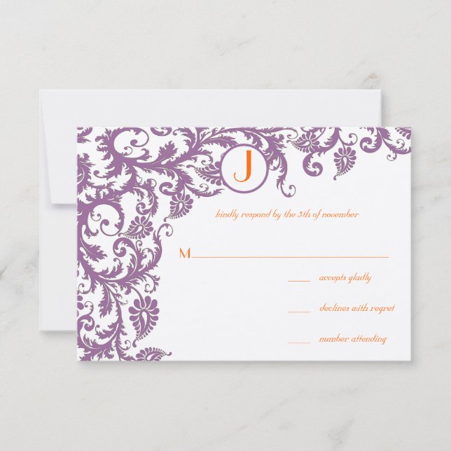 Orange Plum Damask Monogram Wedding Invitation (Front)