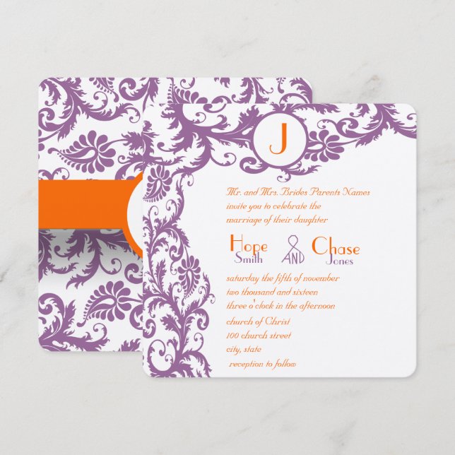 Orange Plum Damask Monogram Wedding Invitation (Front/Back)
