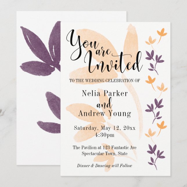 Orange & Plum Leaves Pretty Typography Wedding Invitation (Front/Back)