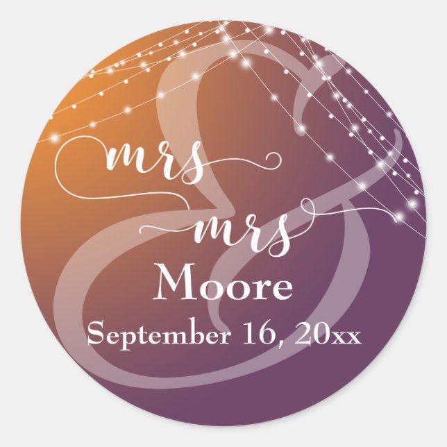Orange Plum Ombre & Light Strings Mrs & Mrs Classic Round Sticker (Front)