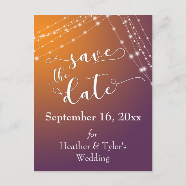Orange Plum Ombre & Light Strings Save the Date Announcement Postcard (Front)