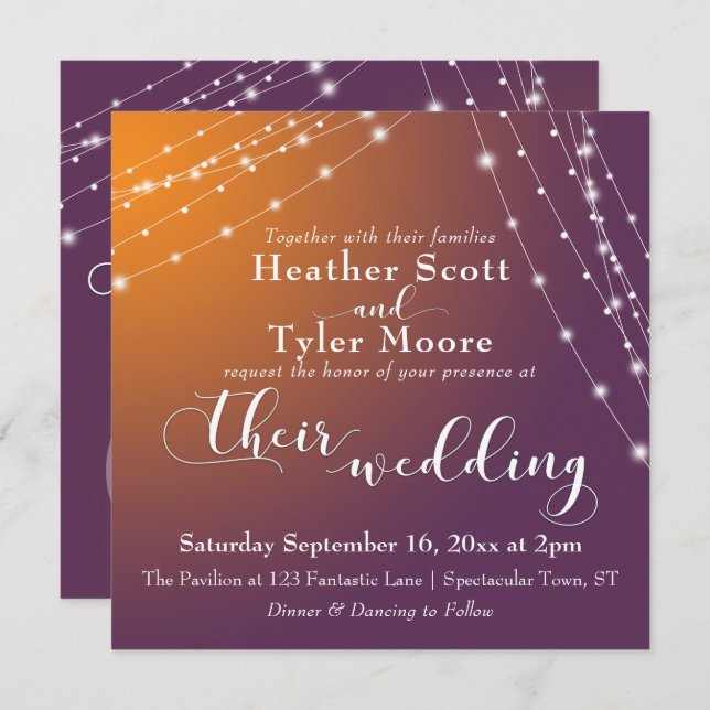 Orange Plum Ombre & Light Strings Wedding 2b Invitation (Front/Back)