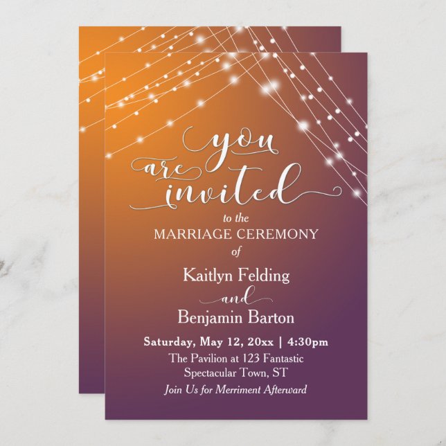 Orange Plum Ombre & Light Strings Wedding, b Invitation (Front/Back)