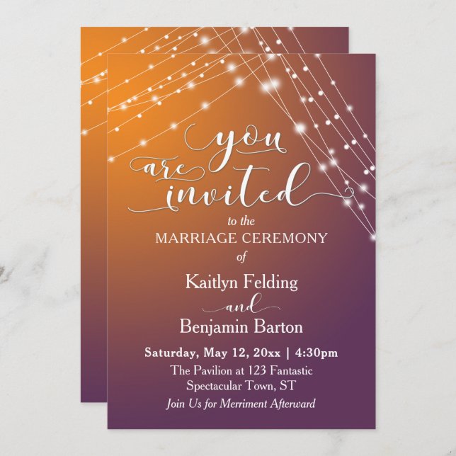 Orange Plum Ombre & Light Strings Wedding Invitation (Front/Back)