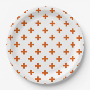 Orange polka crosses on white paper plate