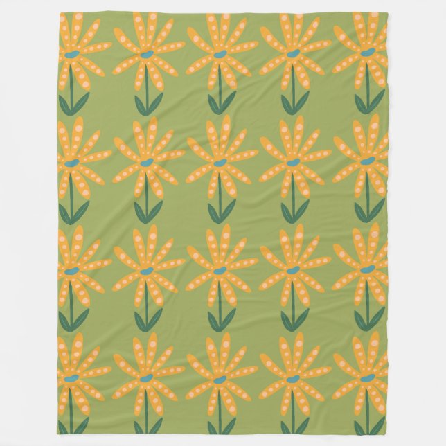 Orange polka dot flowers fleece blanket (Front)