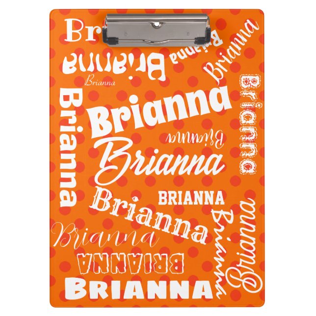 Orange Polka Dotted, Personalised Name, Word Art Clipboard (Front)
