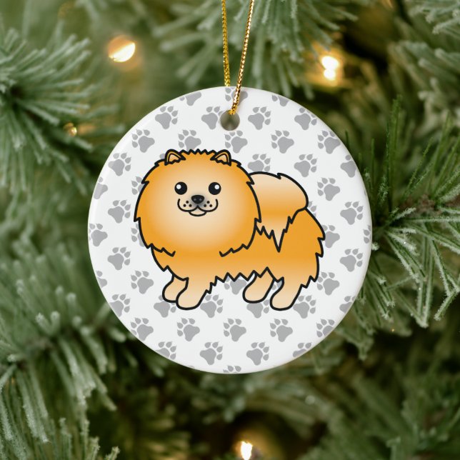 Orange Pomeranian Cute Cartoon Dog & Paws Ceramic Ornament (Tree)