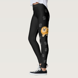 Orange Pomeranian Cute Cartoon Dog & Paws Leggings