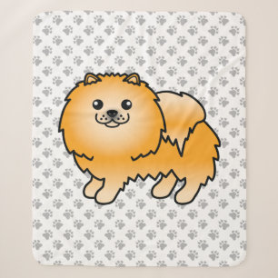 Orange Pomeranian Cute Cartoon Dog & Paws Sherpa Blanket