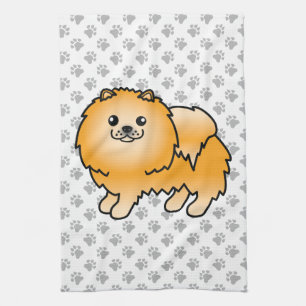 Orange Pomeranian Cute Cartoon Dog & Paws Tea Towel