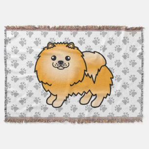 Orange Pomeranian Cute Cartoon Dog & Paws Throw Blanket