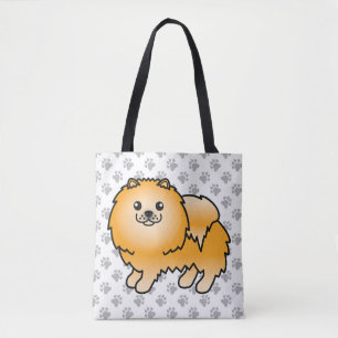 Orange Pomeranian Cute Cartoon Dog & Paws Tote Bag