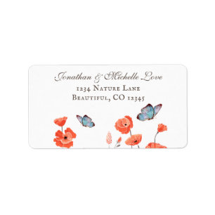 Orange Poppies and Blue Butterflies Floral Address Label