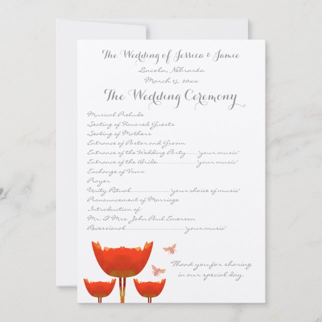 Orange Poppies & Bumble Bees Wedding Program (Front)