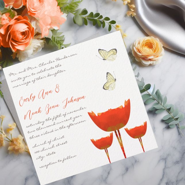 Orange Poppies & Butterflies Wedding Invitation (Creator Uploaded)