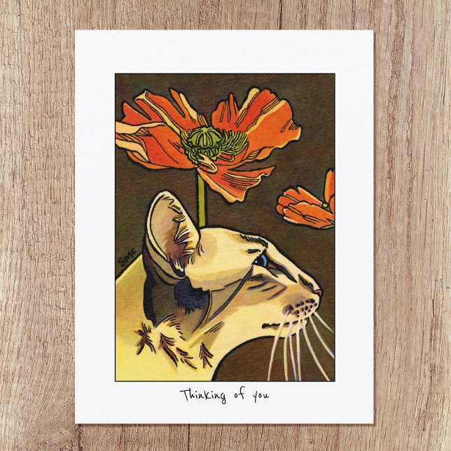 Orange Poppies Cat Thinking of You Custom Postcard (Creator Uploaded)