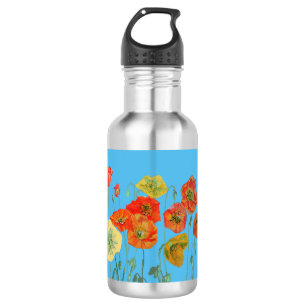 Orange Poppies Floral flowers Pastel Blue 532 Ml Water Bottle