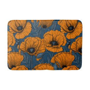 Orange poppies on dark blue bath mat