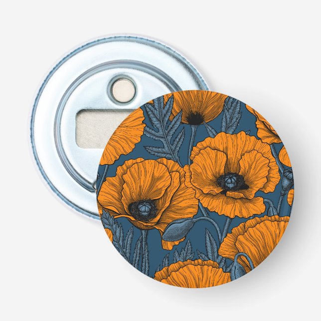 Orange poppies on dark blue bottle opener (Front)