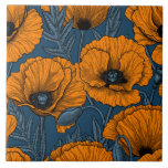 Orange poppies on dark blue ceramic tile<br><div class="desc">Vector pattern made of hand-drawn poppies.</div>