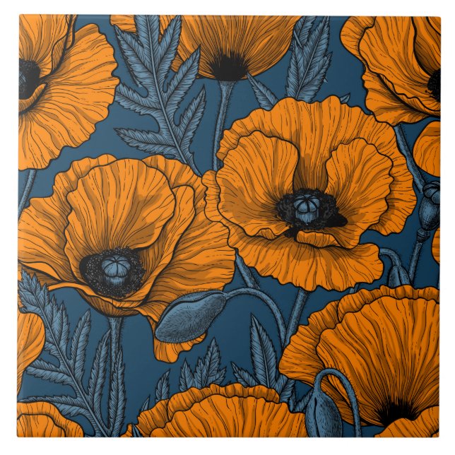 Orange poppies on dark blue ceramic tile (Front)