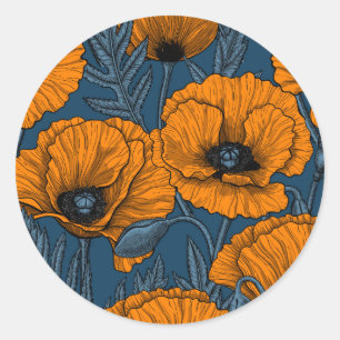 Orange poppies on dark blue classic round sticker