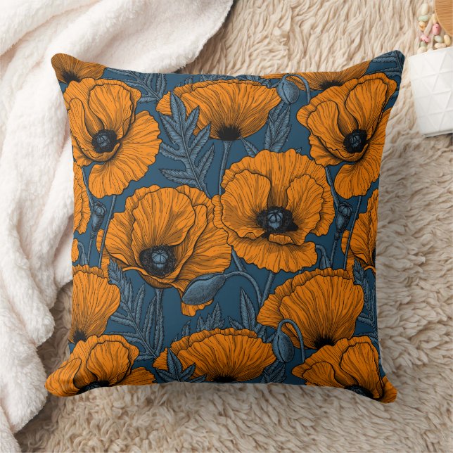Orange poppies on dark blue cushion (Blanket)