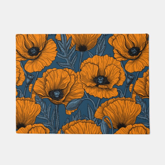 Orange poppies on dark blue doormat (Front)