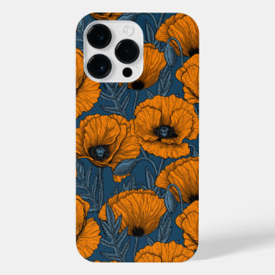 Orange poppies on dark blue iPhone 14 pro max case