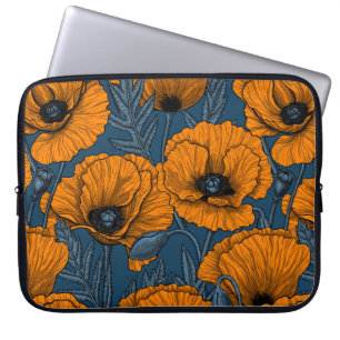 Orange poppies on dark blue laptop sleeve