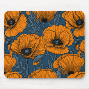 Orange poppies on dark blue mouse pad