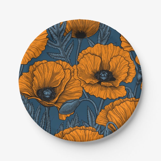 Orange poppies on dark blue paper plate (Front)