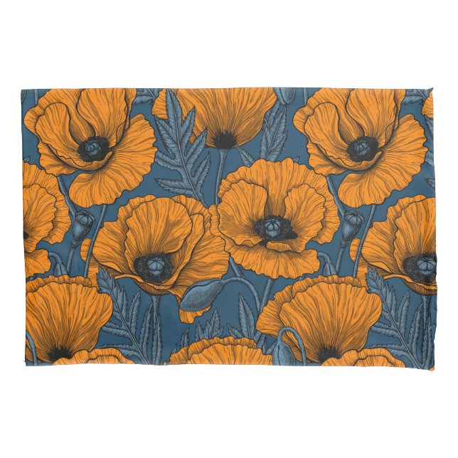 Orange poppies on dark blue pillowcase (Front-Left)