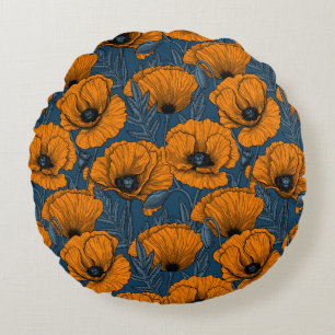 Orange poppies on dark blue round cushion