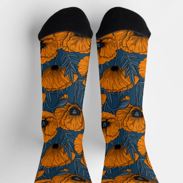 Orange poppies on dark blue socks (Top)