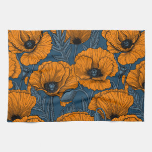 Orange poppies on dark blue tea towel
