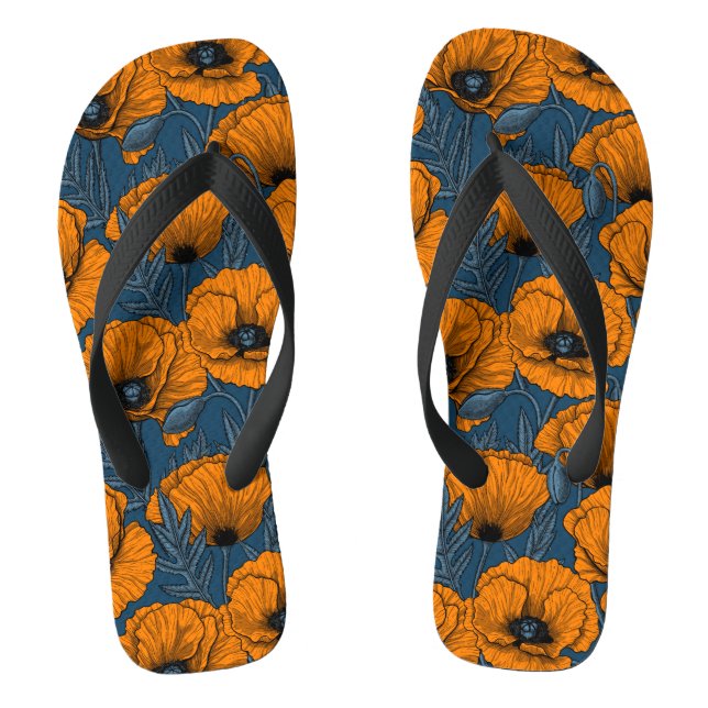 Orange poppies on dark blue thongs (Footbed)