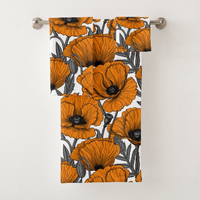 Orange poppies on white bath towel set (Insitu)