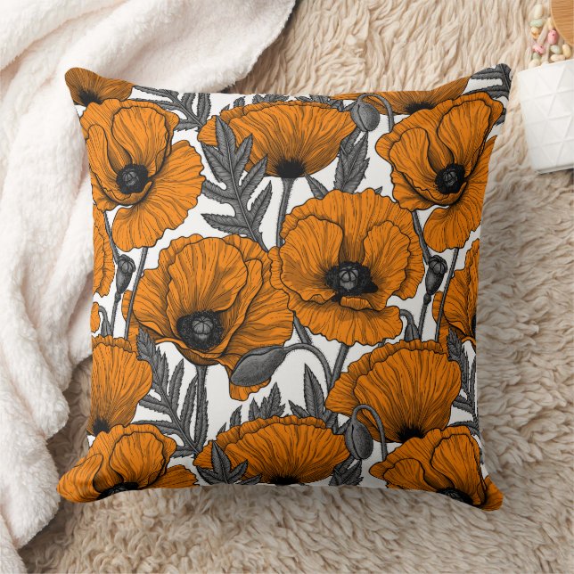 Orange poppies on white cushion (Blanket)