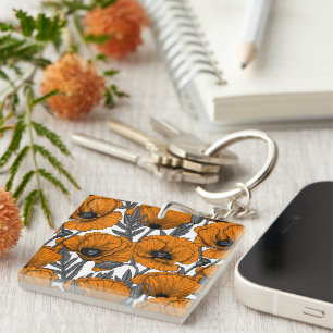 Orange poppies on white key ring