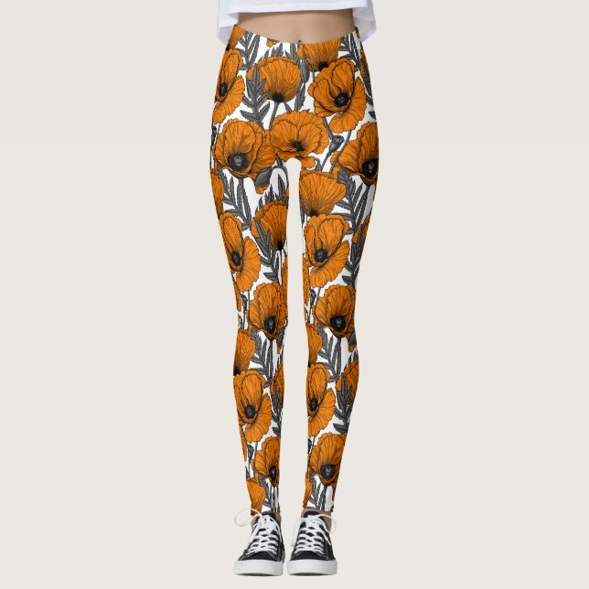 Orange poppies on white leggings (Front)