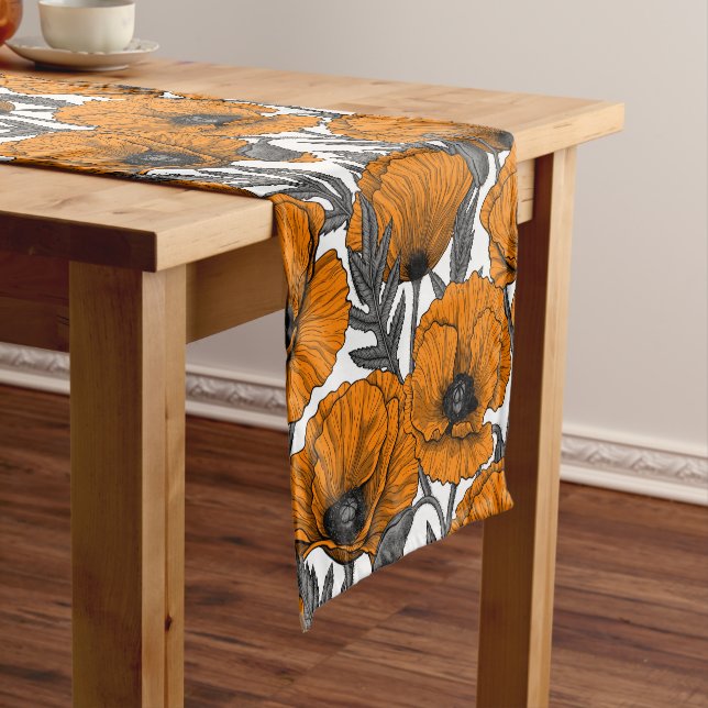 Orange poppies on white short table runner (In Situ)