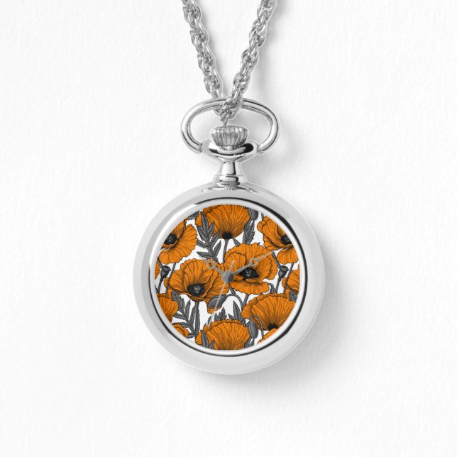 Orange poppies on white watch (Front)