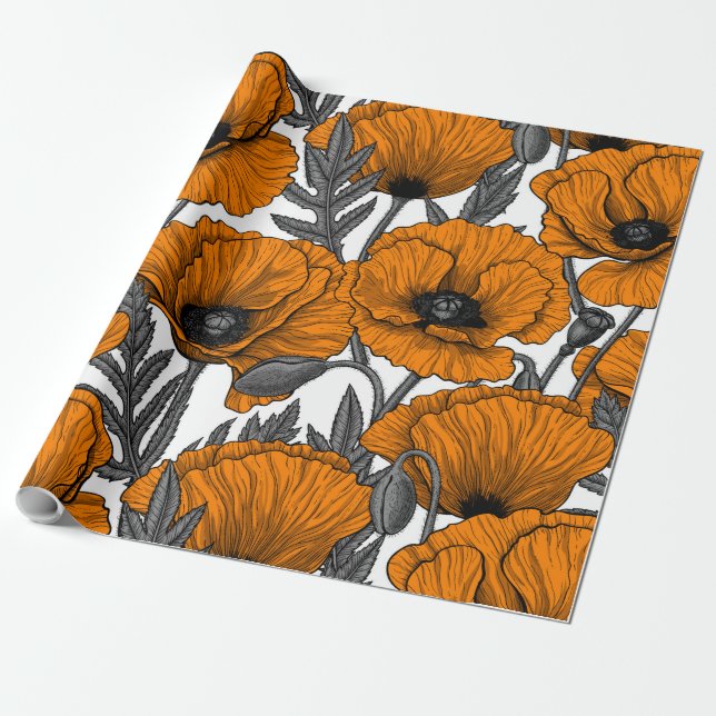 Orange poppies on white wrapping paper (Unrolled)